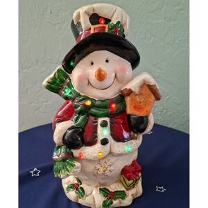 Light Up Snowman Ceramic Christmas Decoration Holding Birdhouse with Lights